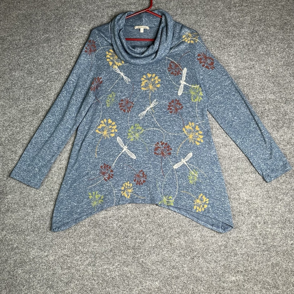 Jess &‎ Jane Tunic Top M Dragonfly Art Cowl Neck Boho Lagenlook Blue